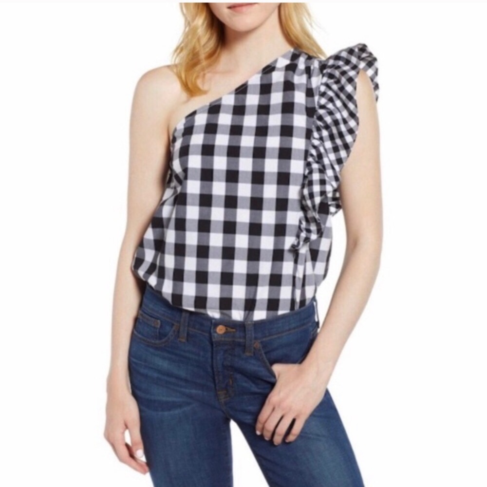 New J. Crew One-Shoulder Mixed Gingham Top Sz 12